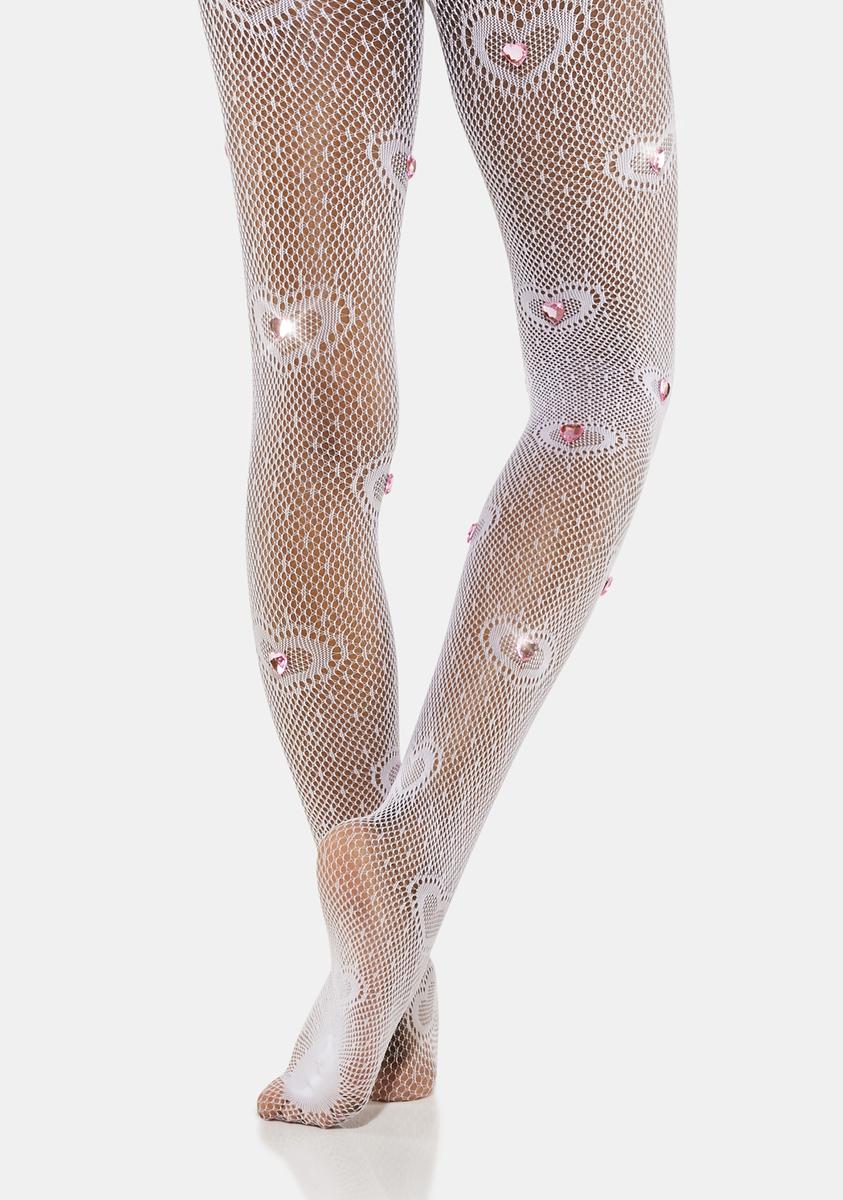 Sheer Fishnet Rhinestone Heart Tights White – Dolls Kill