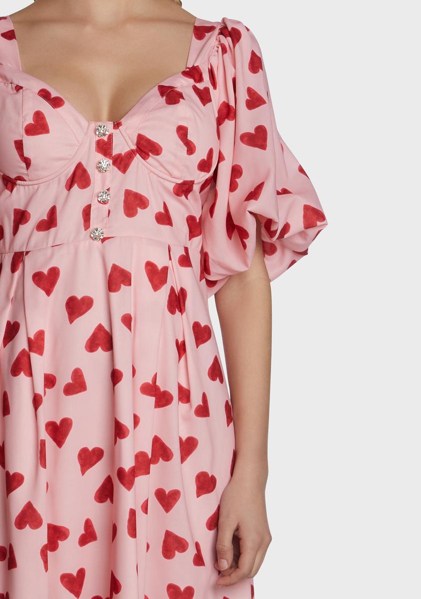 Sister Jane Puff Sleeve Boned Heart Print Midi Dress
