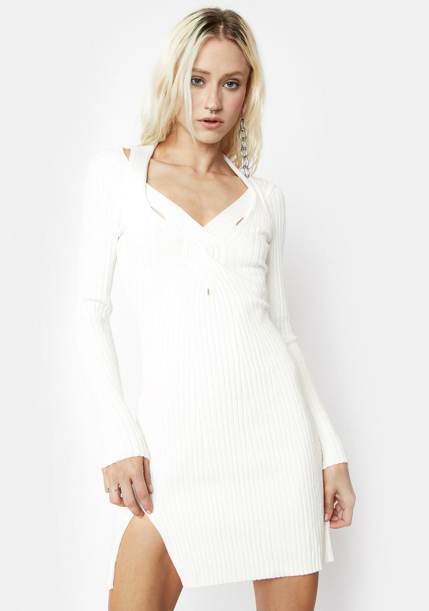 Ribbed Long Sleeve Split Hem Mini Dress - White – Dolls Kill