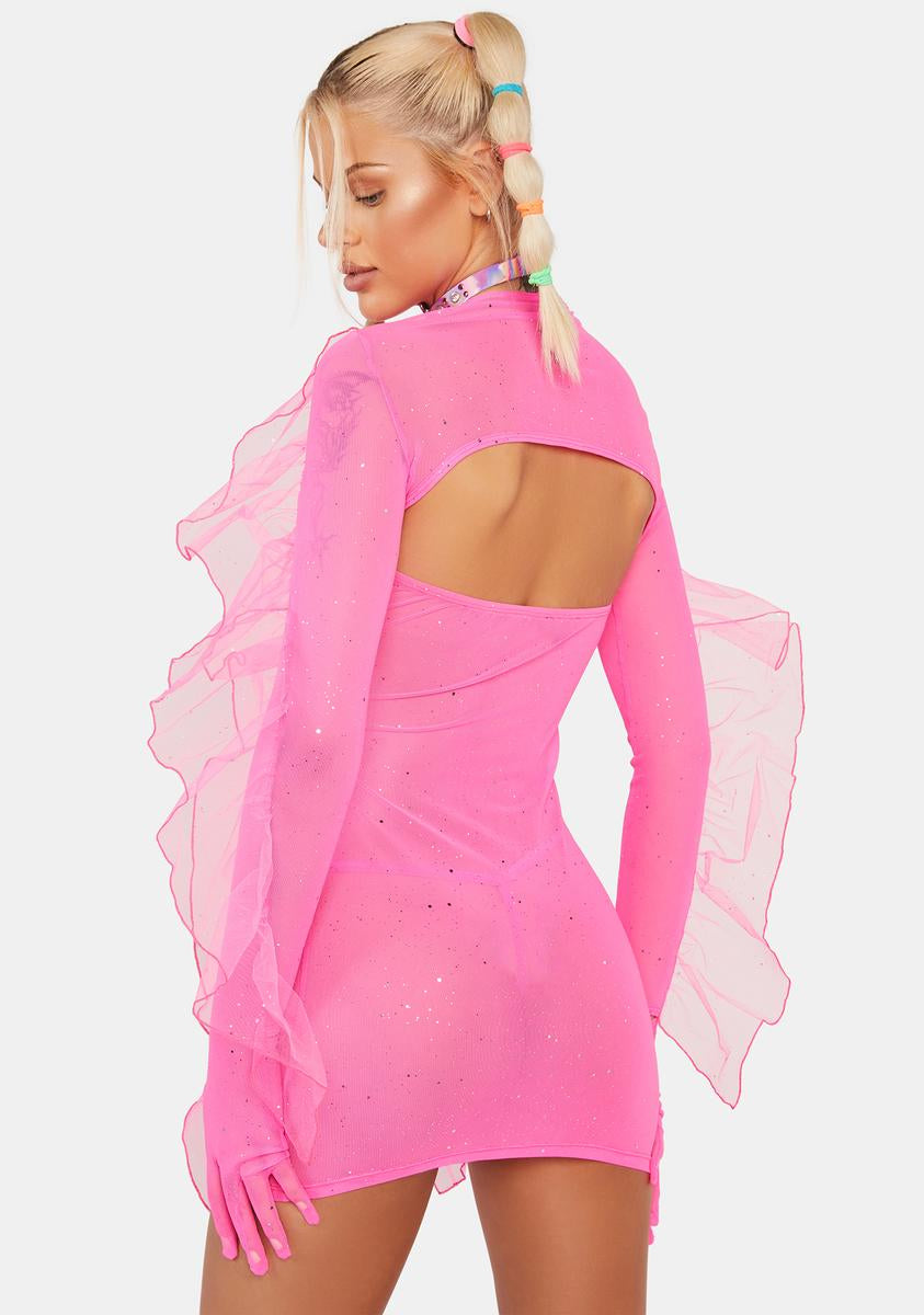 Club Exx Glitter Mesh Ruffle Dress And Shrug Set - Neon Pink Dolls Kill Club Exx Glitter Mesh Ruffle Dress And Shrug Set - Neon Pink Dolls Kill
