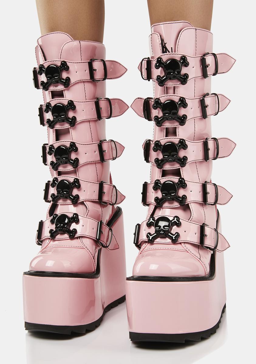 YRU Skull Buckle Wedge Platform Boots - Pink/Black – Dolls Kill