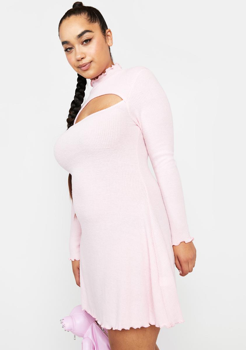 Plus Size Long Sleeve A Line Lettuce Trim Keyhole Mock Neck Mini Dress