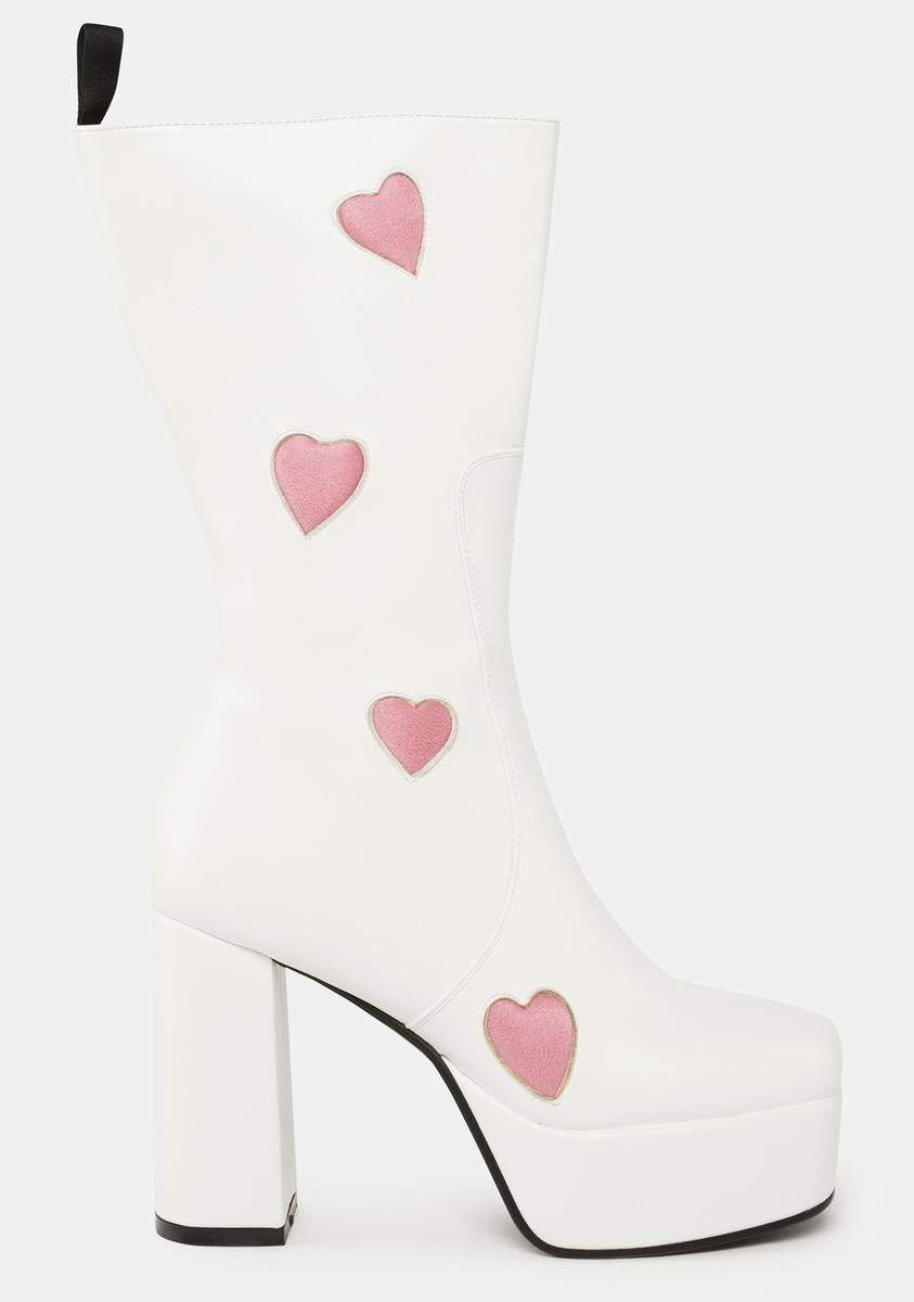 Lamoda Wide Calf Heart Detail Platform Go Go Boots - White/Pink – Dolls ...