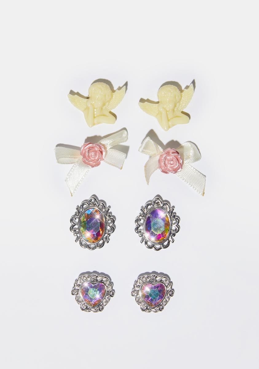 Bow Mirror Angel Heart Jewel Stud Earrings Set – Dolls Kill