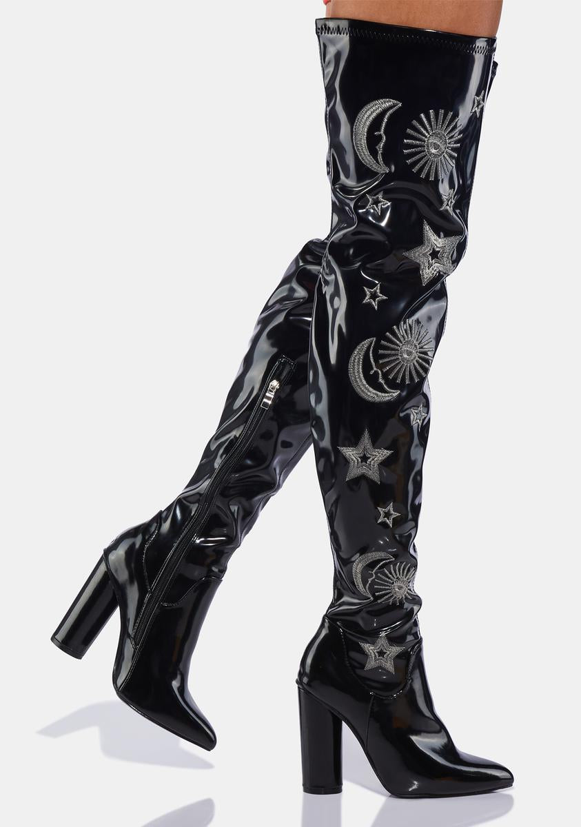 Koi Footwear Black Silver Astrid Thigh High Boots Dolls Kill