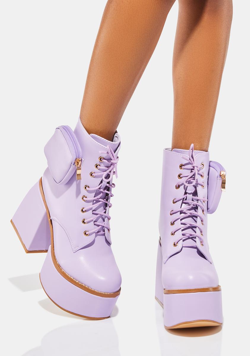 Vegan Leather Lace Up Zipper Pocket Platform Boots - Purple – Dolls Kill