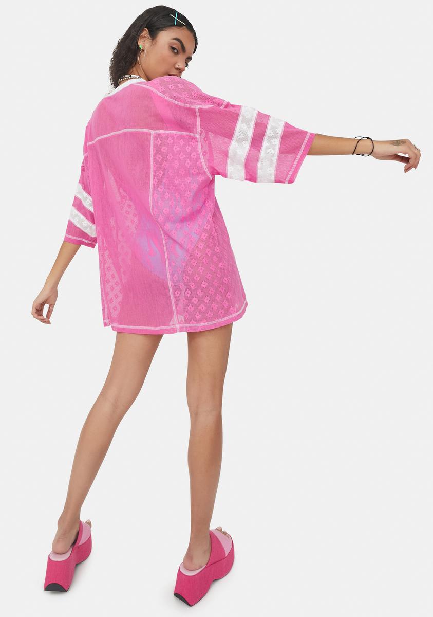 Delia's Sporty Mesh And Lace Oversized Jersey - Pink/White