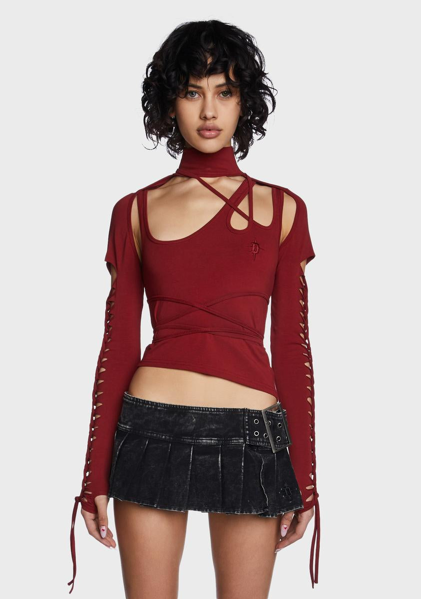 Slashed Top Darker Wavs Slashed Cut Out Mock Neck Long Sleeve Top - Red – Dolls Kill