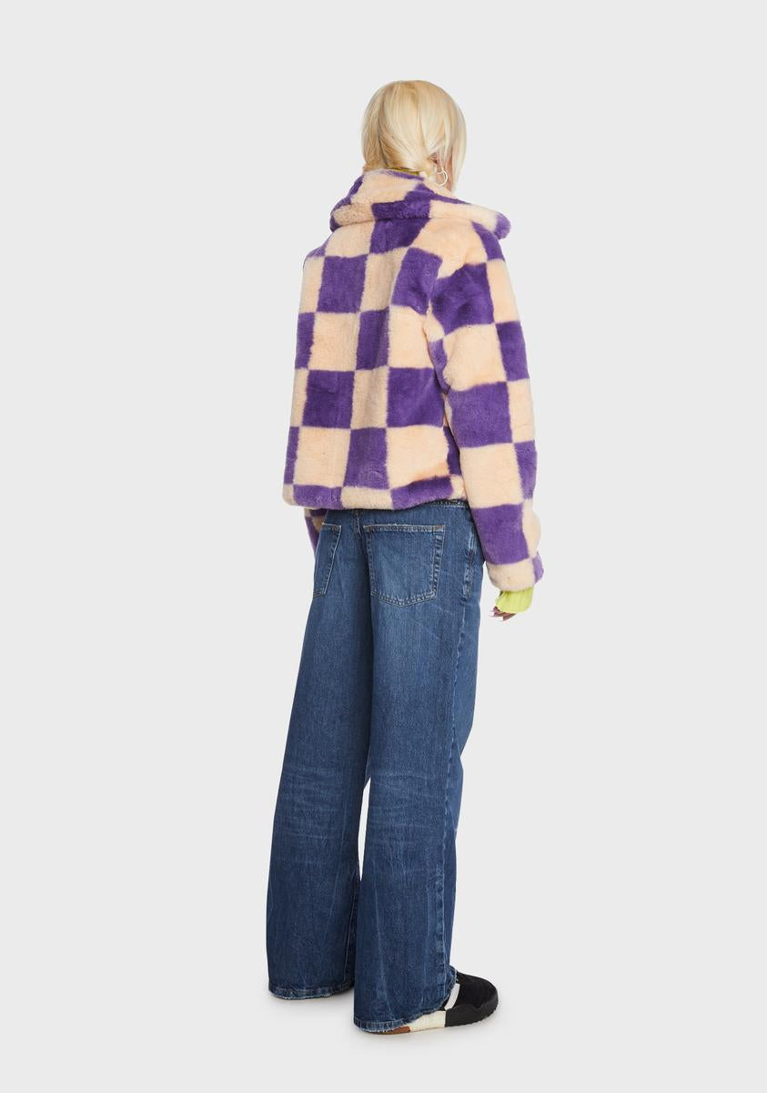 Girlfriend Material Collared Checkered Faux Fur Jacket