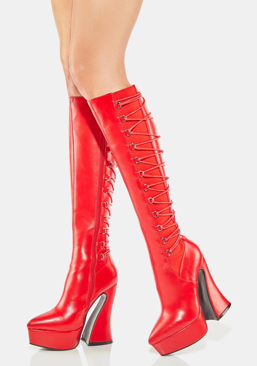 Lamoda Vegan Leather Knee High Lace Up Zipper Boots - Red – Dolls Kill