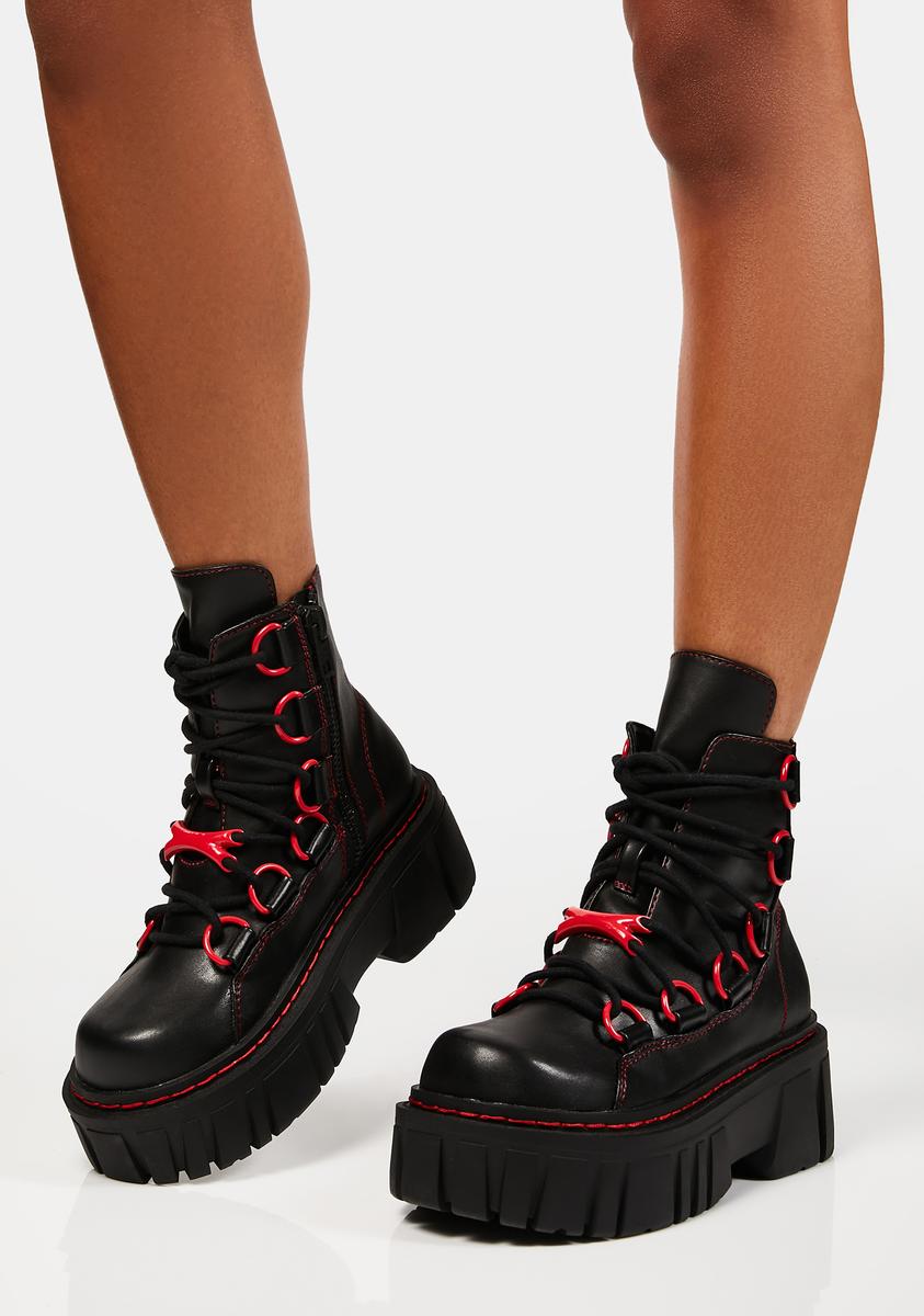 Current Mood D Ring Lace Up Combat Boots - Black/Red – Dolls Kill