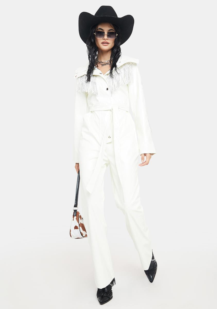 Rhinestone Fringe Vegan Leather Moto Jumpsuit - White – Dolls Kill