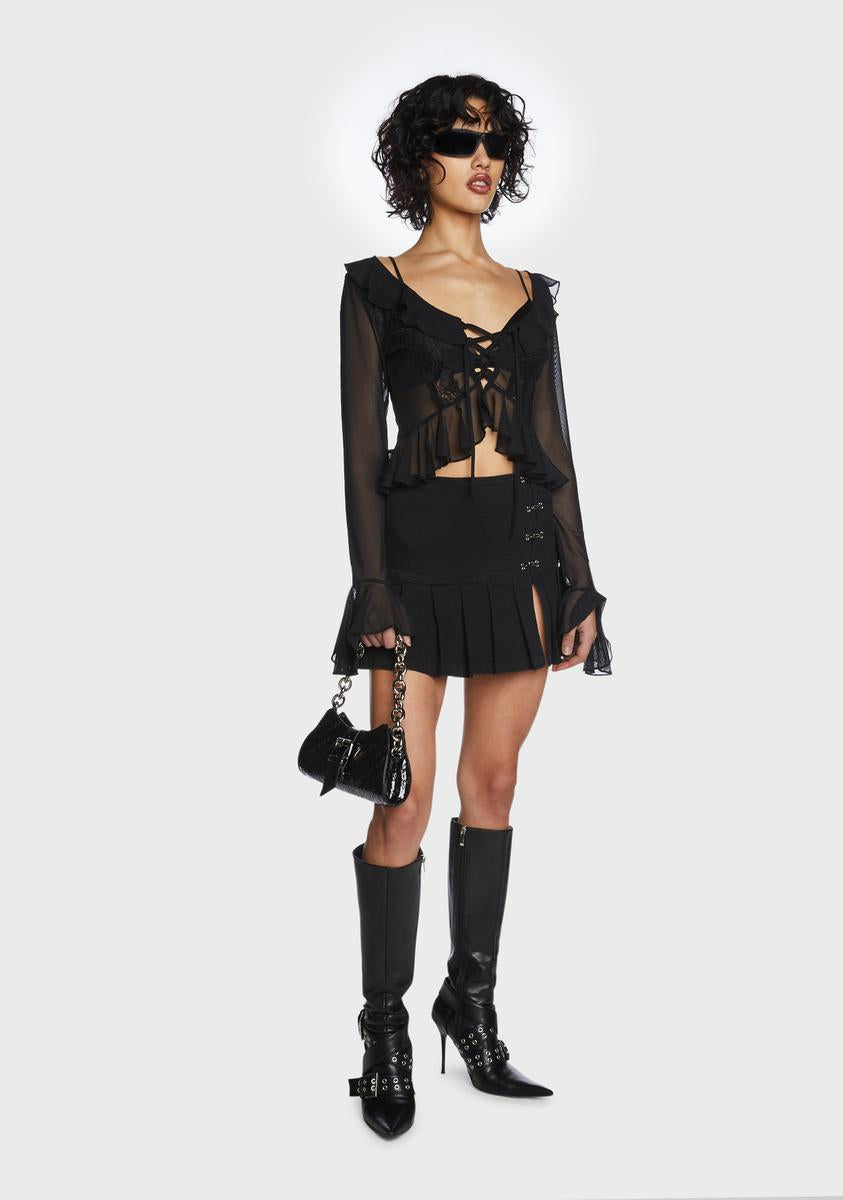Milk It Sheer Mesh Ruffle Long Sleeve Crop Top Black – Dolls Kill