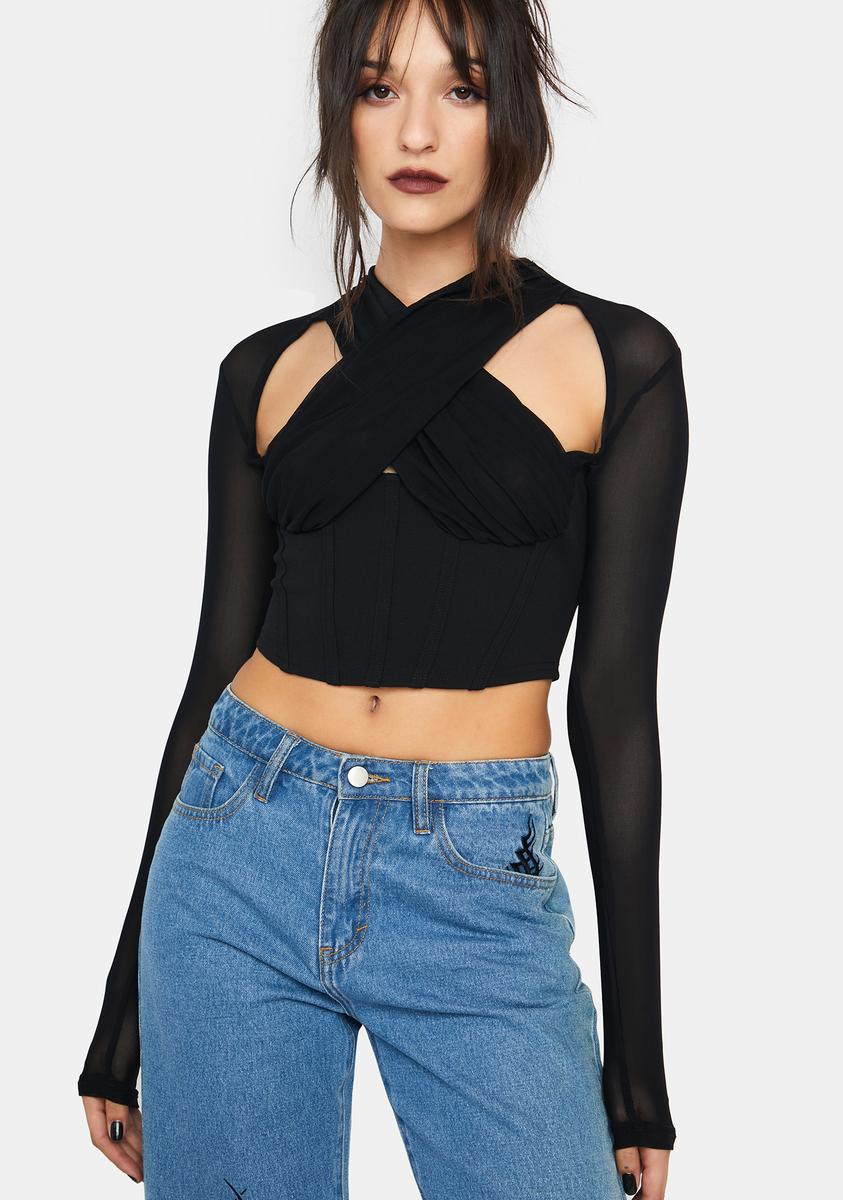 Criss Cross Ruched Long Sleeve Crop Top - Black – Dolls Kill