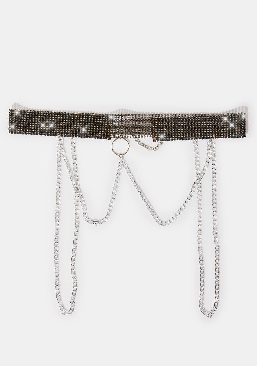 Rhinestone Studded Belt With Chain Details Silver Dolls Kill