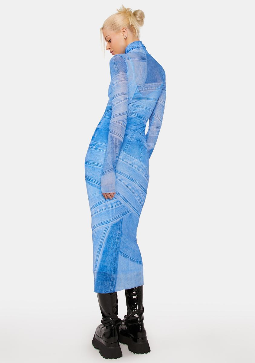 knee length dresses for ladies Here We Indigo Denim-Print Mesh Halter Maxi Dress Denim Blue / M main image 0