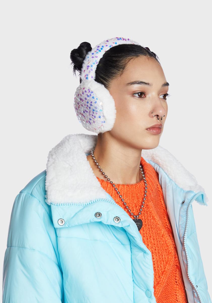 Faux Fur Sequin Ear Muffs - White – Dolls Kill display picture 1