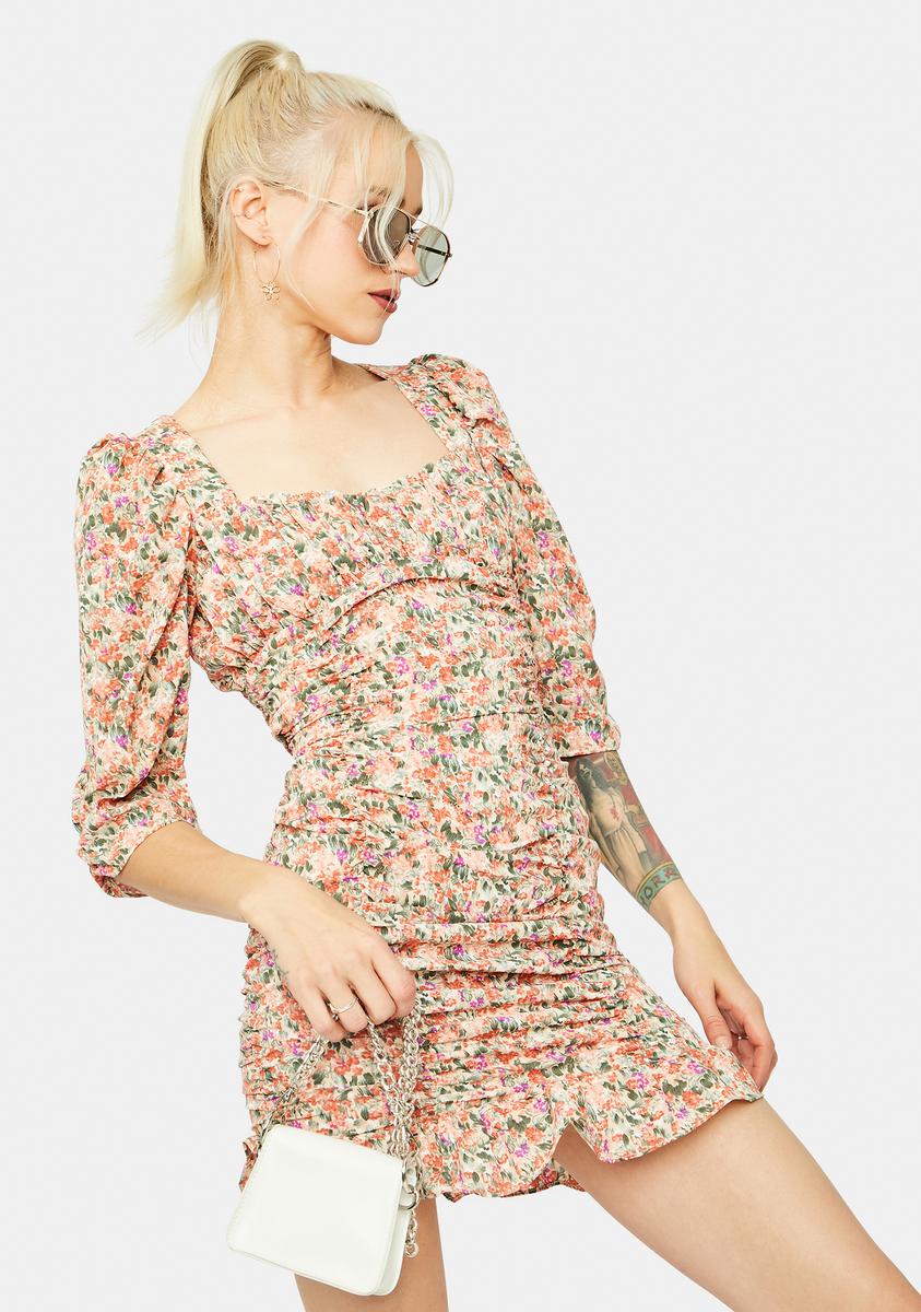 es saada mini dress Floral Mid Length Puff Sleeve Ruched Mini Dress