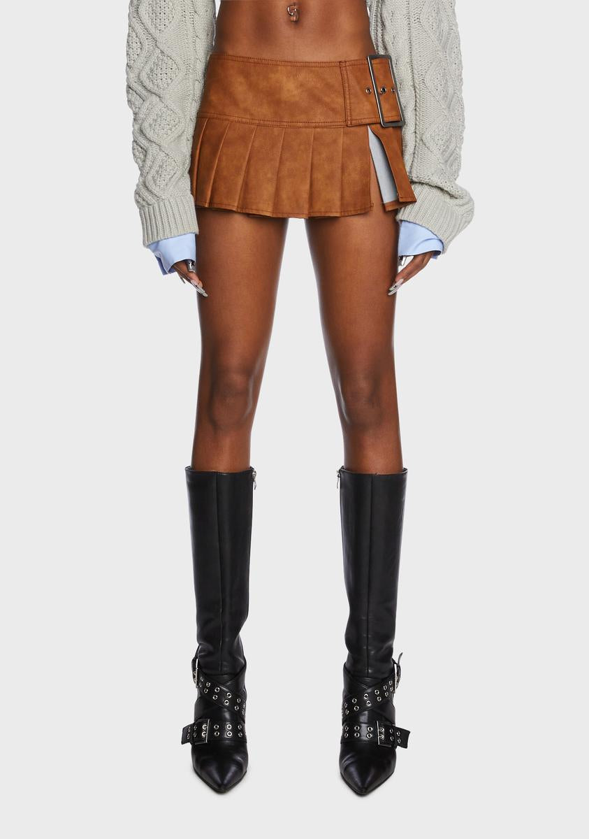 Poster Grl Pleated Micro Mini Skirt - Brown Vegan Leather – Dolls Kill
