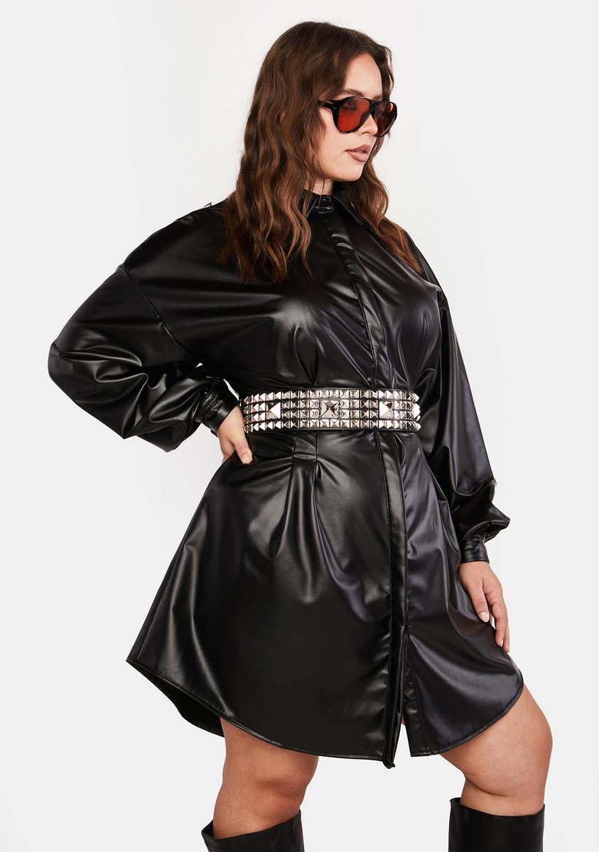 chinese dress ladies Plus Size Vegan Leather Oversized Balloon Sleeve Shirt Dress
