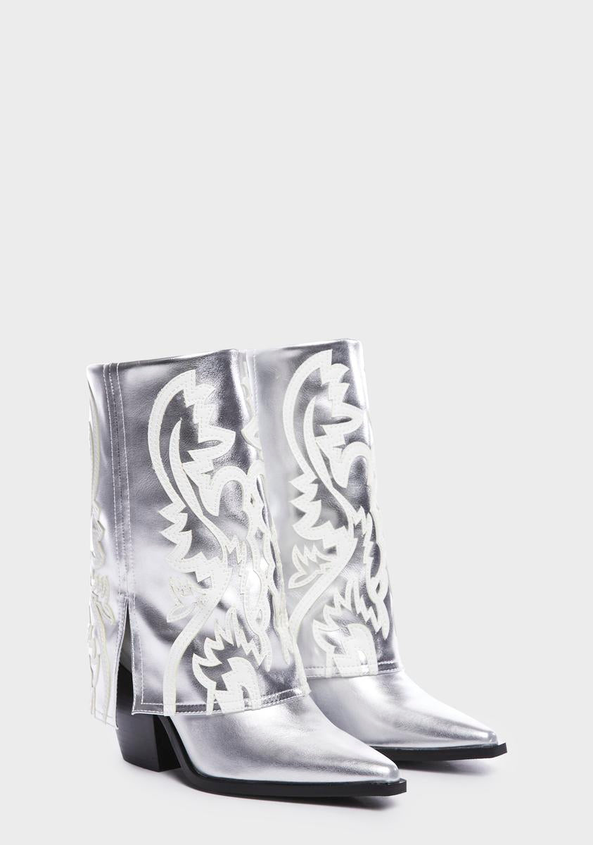 AZALEA WANG Metallic Foldover Cowboy Boots - Silver – Dolls Kill