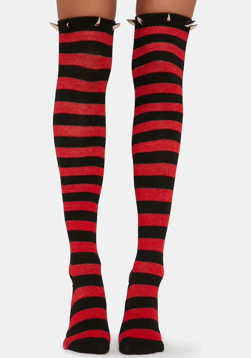 Striped Spiked Thigh High Socks - Red – Dolls Kill