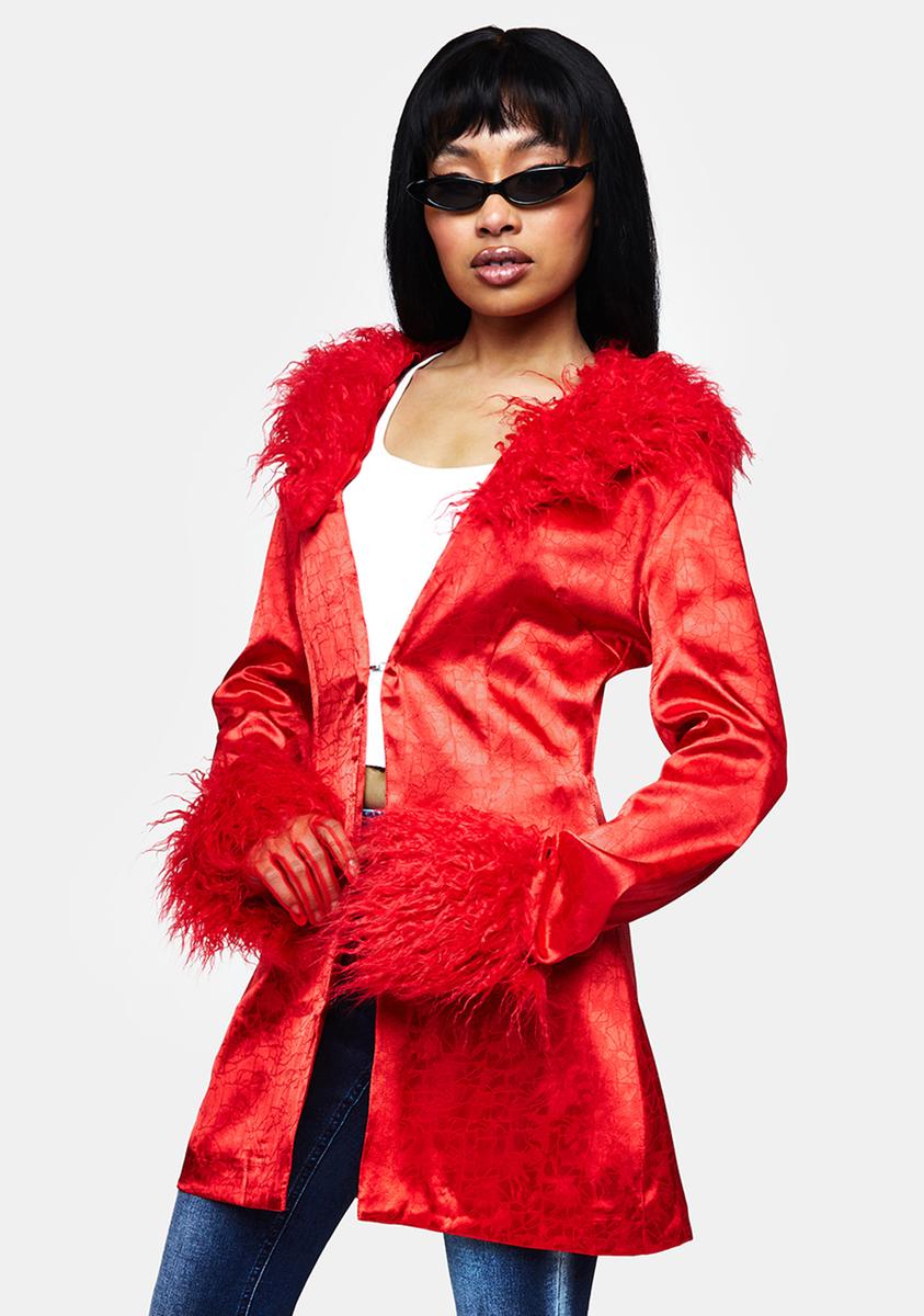 Elsie And Fred Satin Jacquard Faux Fur Trim Coat Red – Dolls Kill