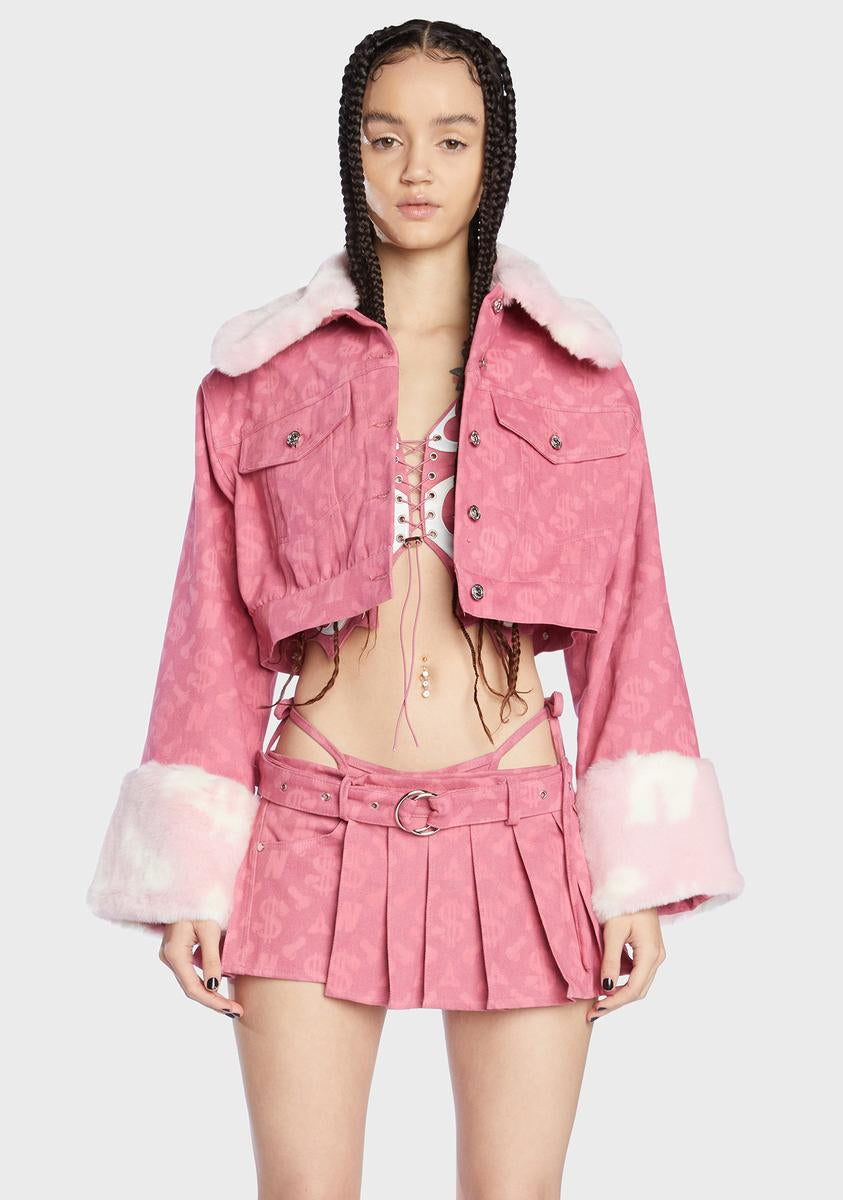 Namilia Dick Dollar Print Cropped Denim Jacket - Pink | Large