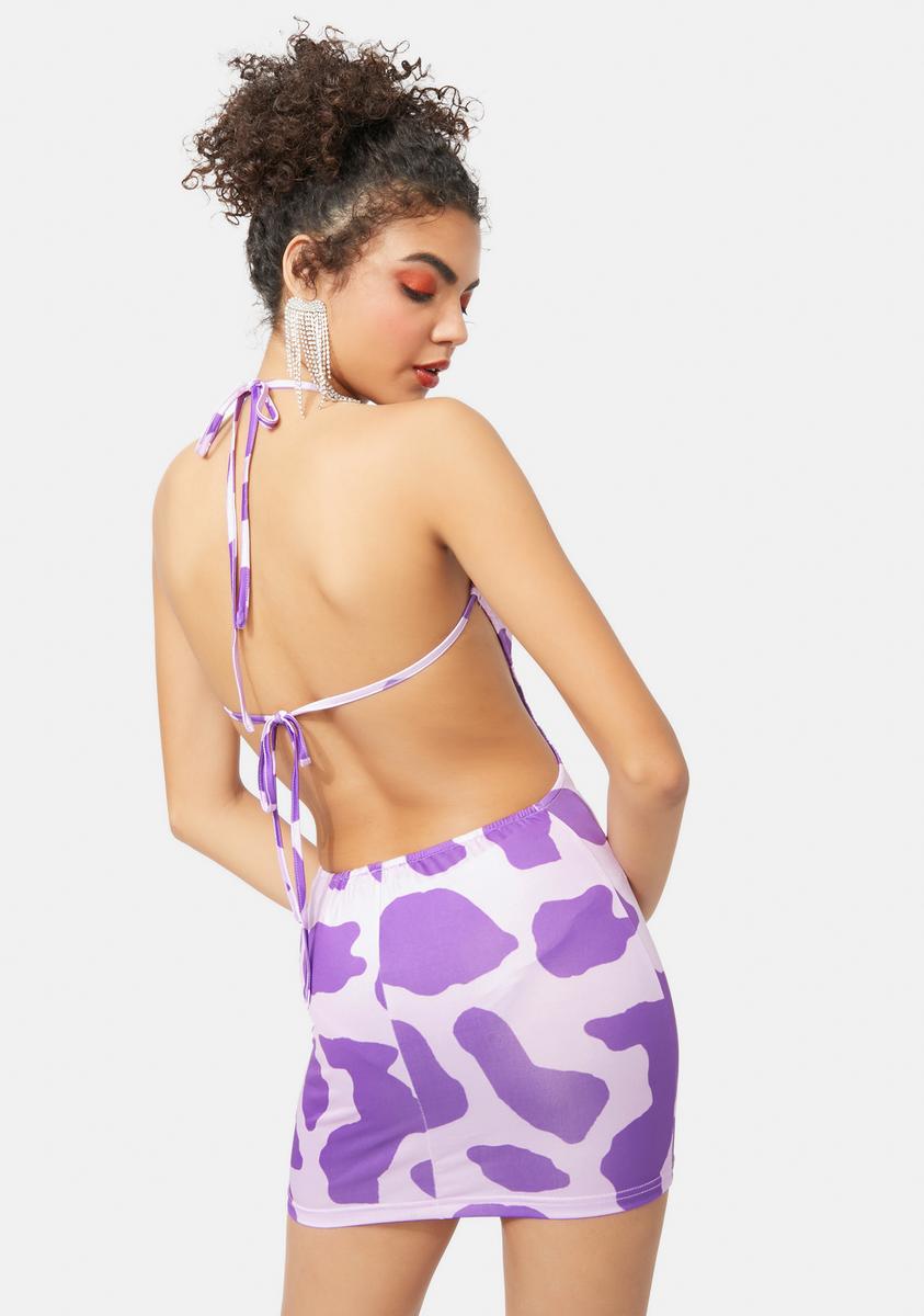 purple cow dress Jaded London Denim Cow Print Mini Dress