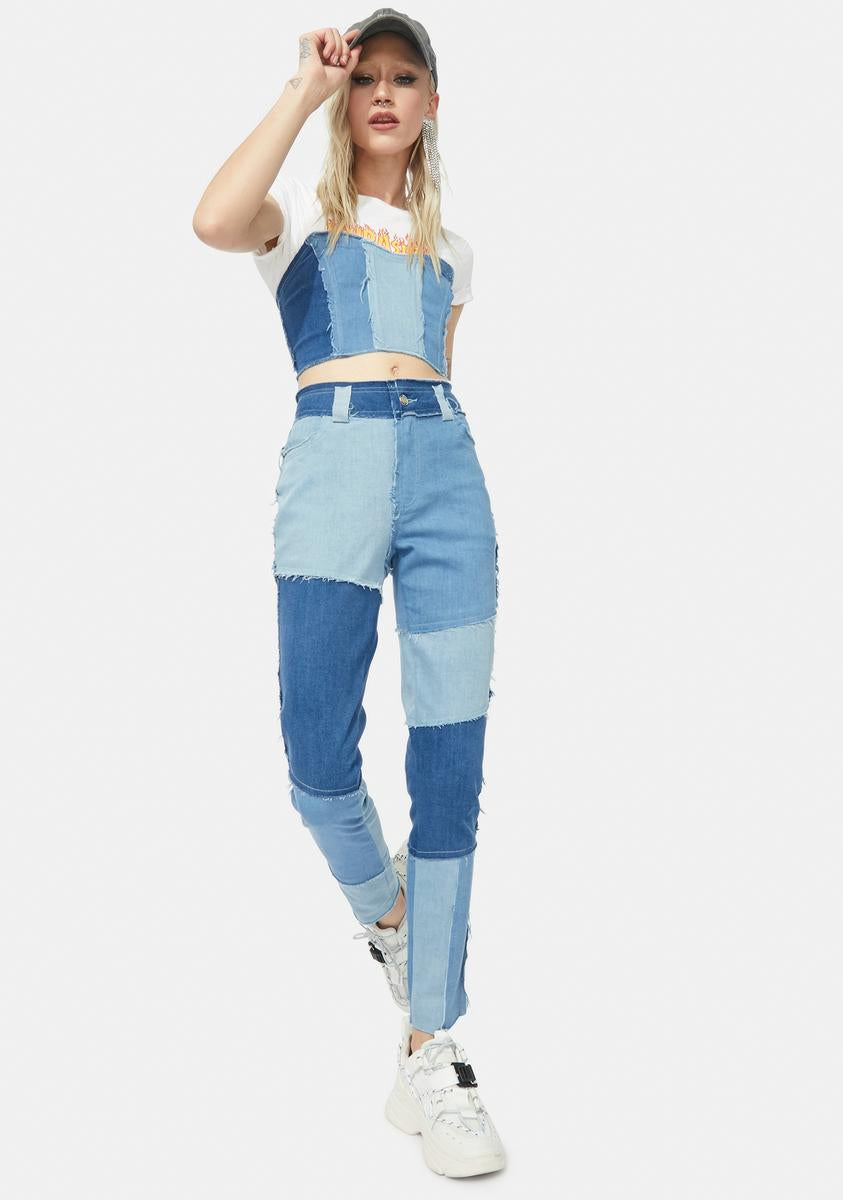 Patchwork Multi-Color Denim Tube Top And Jeans Set Blue – Dolls Kill