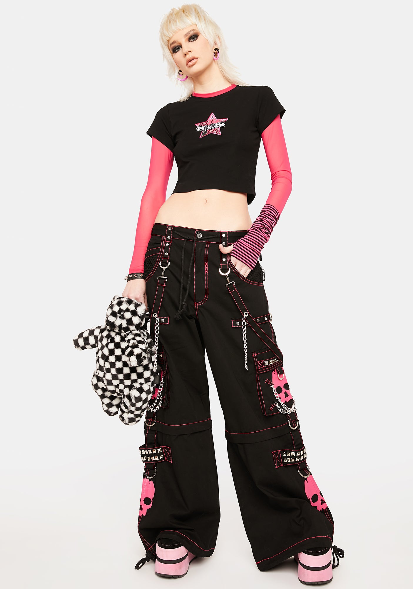 Tripp NYC Skull Studded Zip Off Wide Leg Pants - Black/Pink