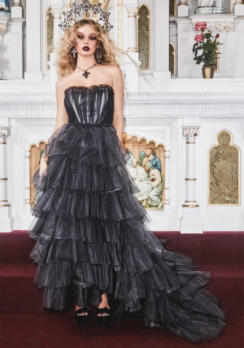 Unholy Tulle Overlay Layered Ruffle Maxi Dress