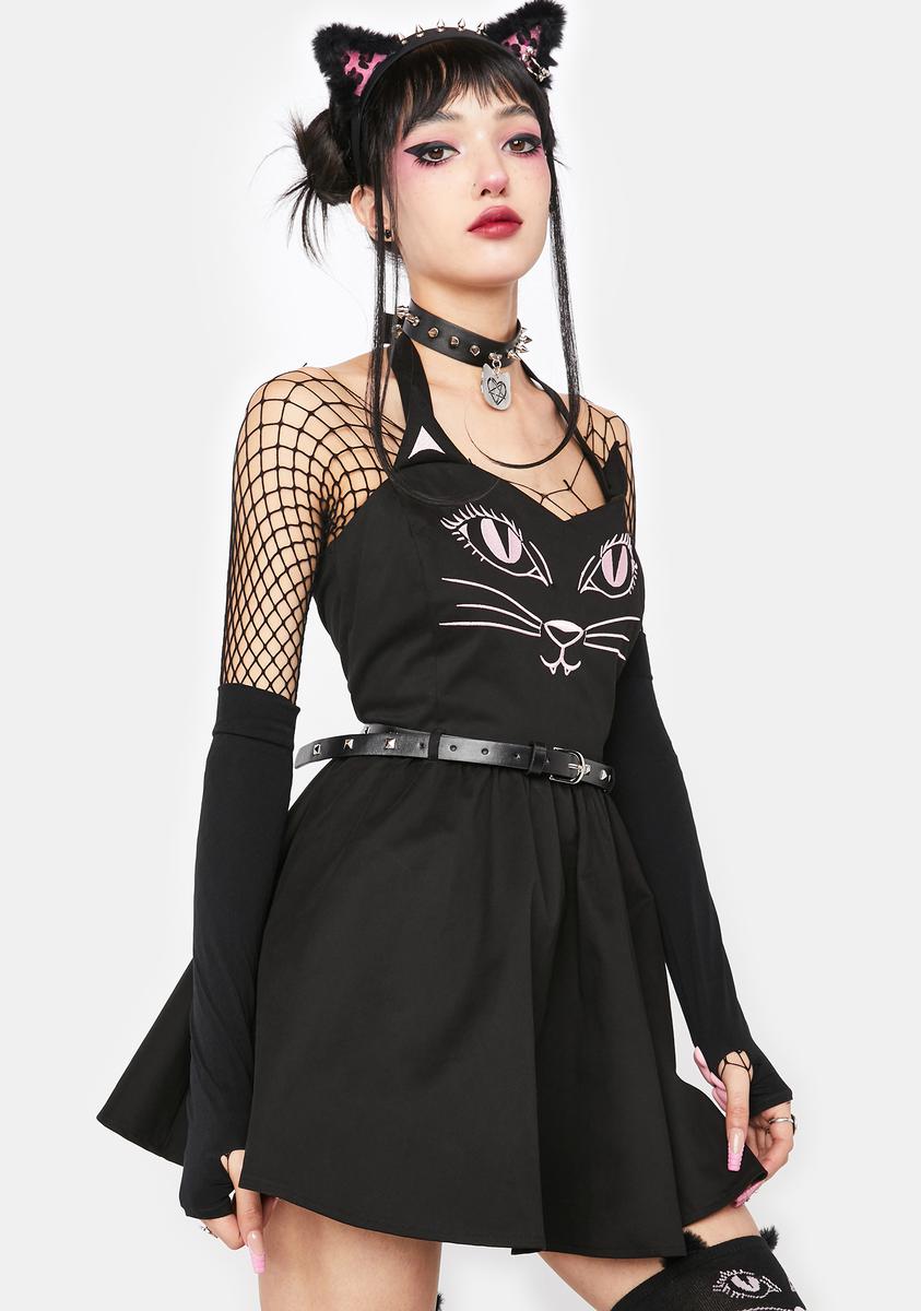 The Grave Girls Cat Graphic Halter Mini Dress - Black