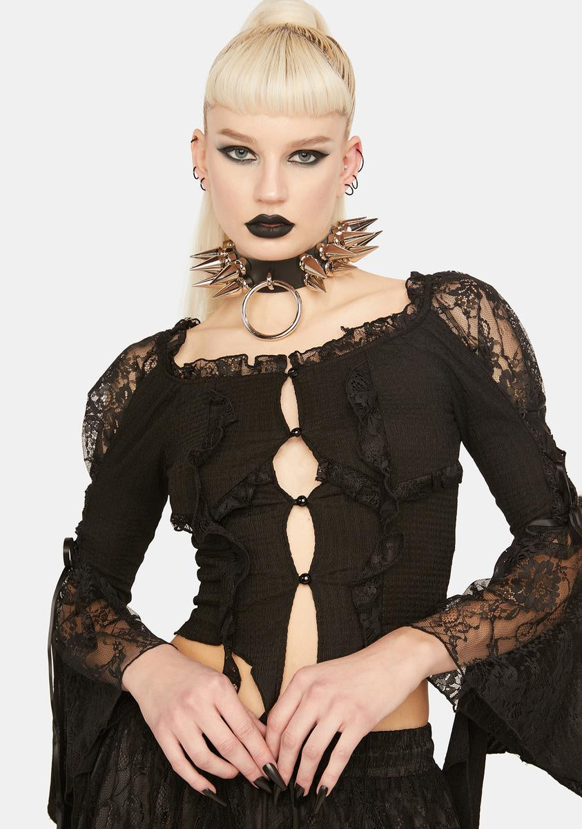 Dark In Love Bell Sleeve Lace Frill Button Up Top - Black – Dolls Kill