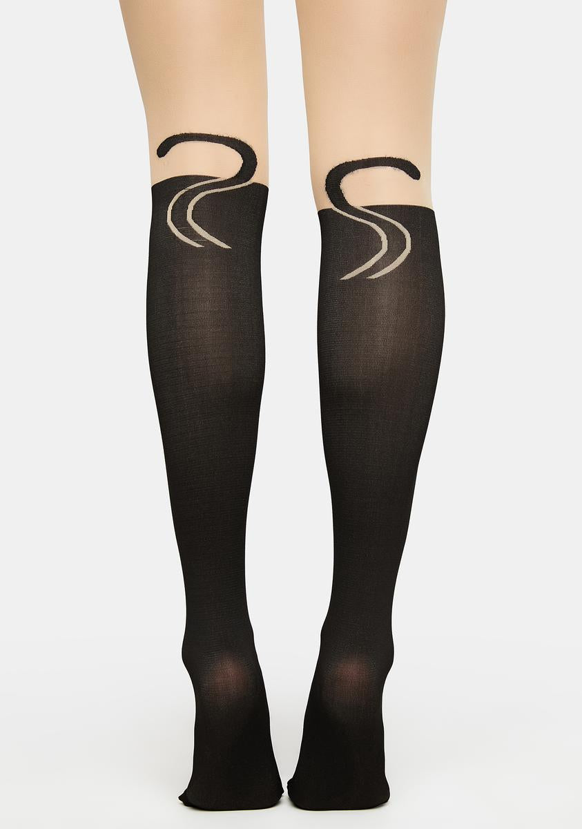 Cat Print Bell Tights Black/Pink Dolls Kill