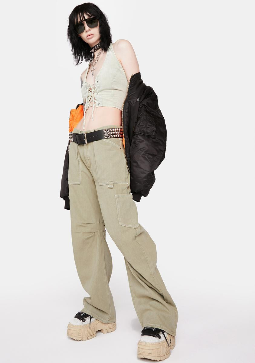 Lioness Low Rise Denim Pants - Light Khaki – Dolls Kill
