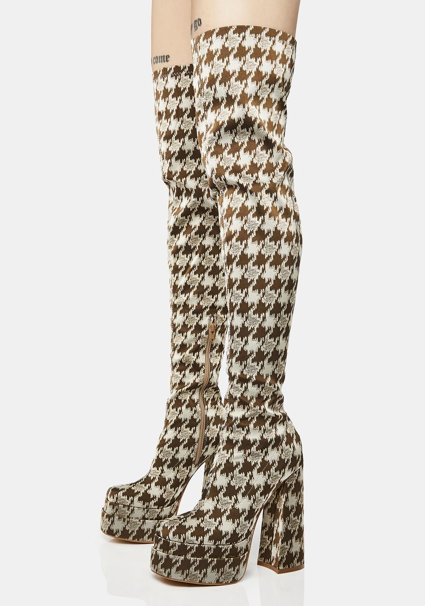 Houndstooth Thigh-High Platform Boots - Brown – Dolls Kill