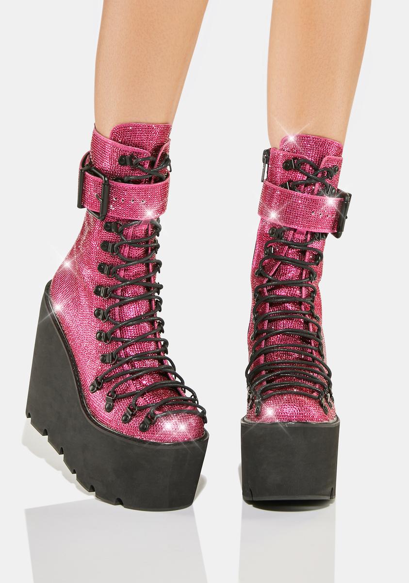 Club Exx Rhinestone Wedge Platform Boots - Pink/Black