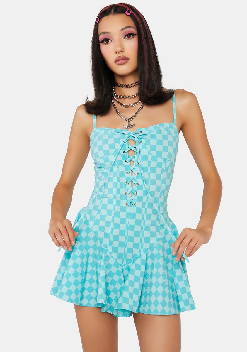 Checkered Lace-Up Mini Dress - Blue – Dolls Kill