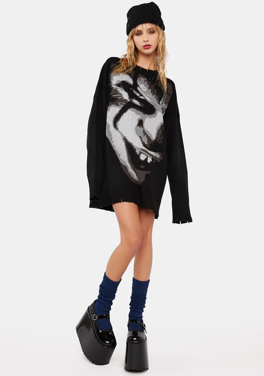Dolls Kill x WB Horror Oversized Pennywise Intarsia Sweater Black