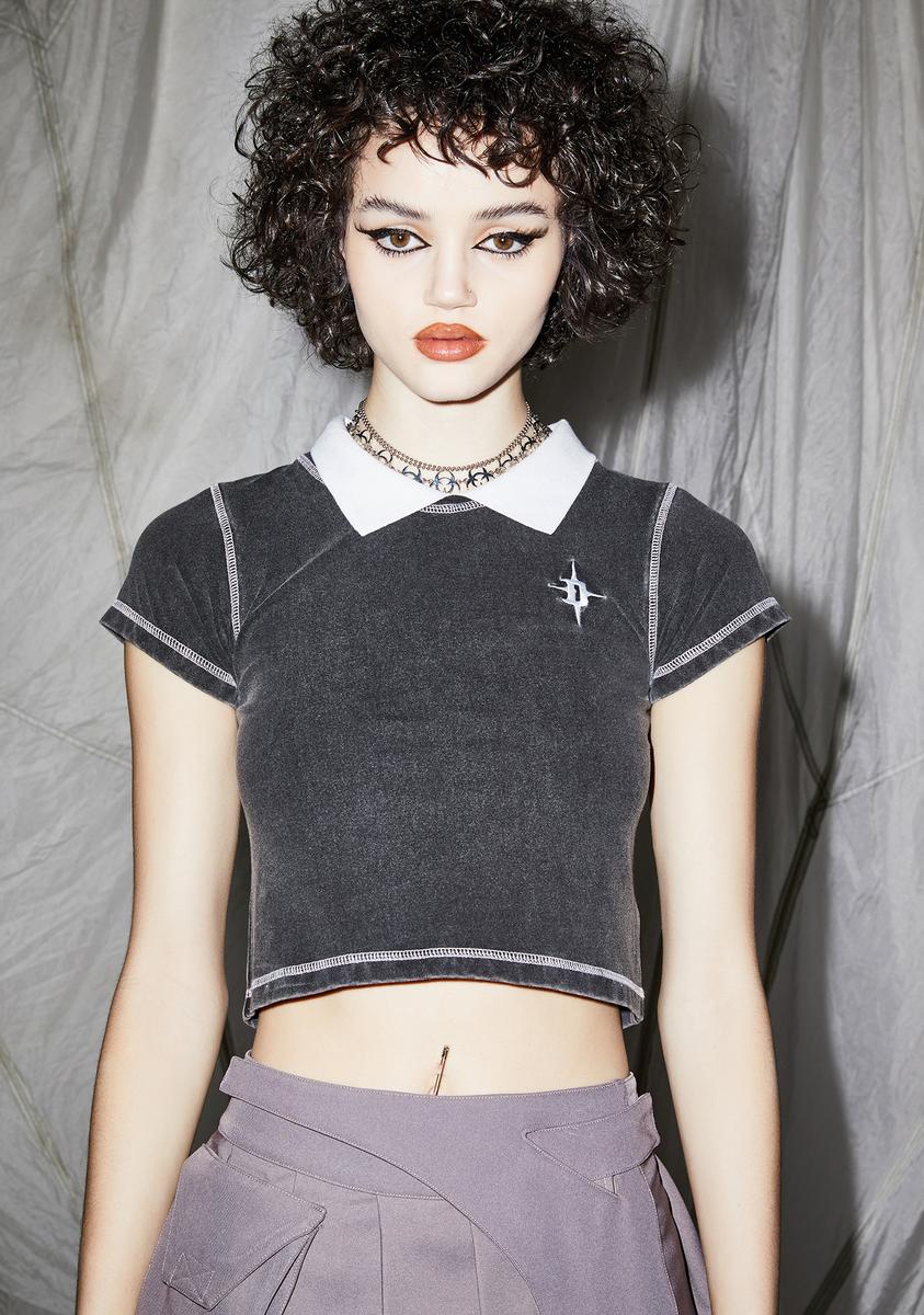 Reverb Polo Collar Washed Crop Tee DARKER WAVS,Specials : American Fashion Style Bags On Sale