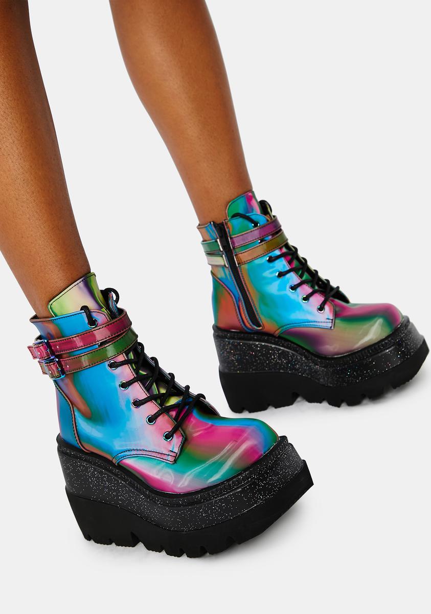 Demonia Shaker 52 Platform Boots - Rainbow Reflective – Dolls Kill