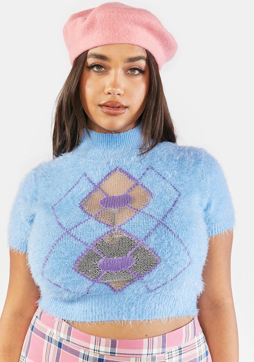 Sugar Thrillz Plus Size Short Sleeve Fuzzy Argyle Sweater Blue – Dolls Kill