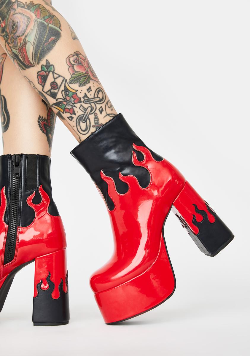 Sugar Thrillz Red Flame Patent Platform Boots Black – Dolls Kill