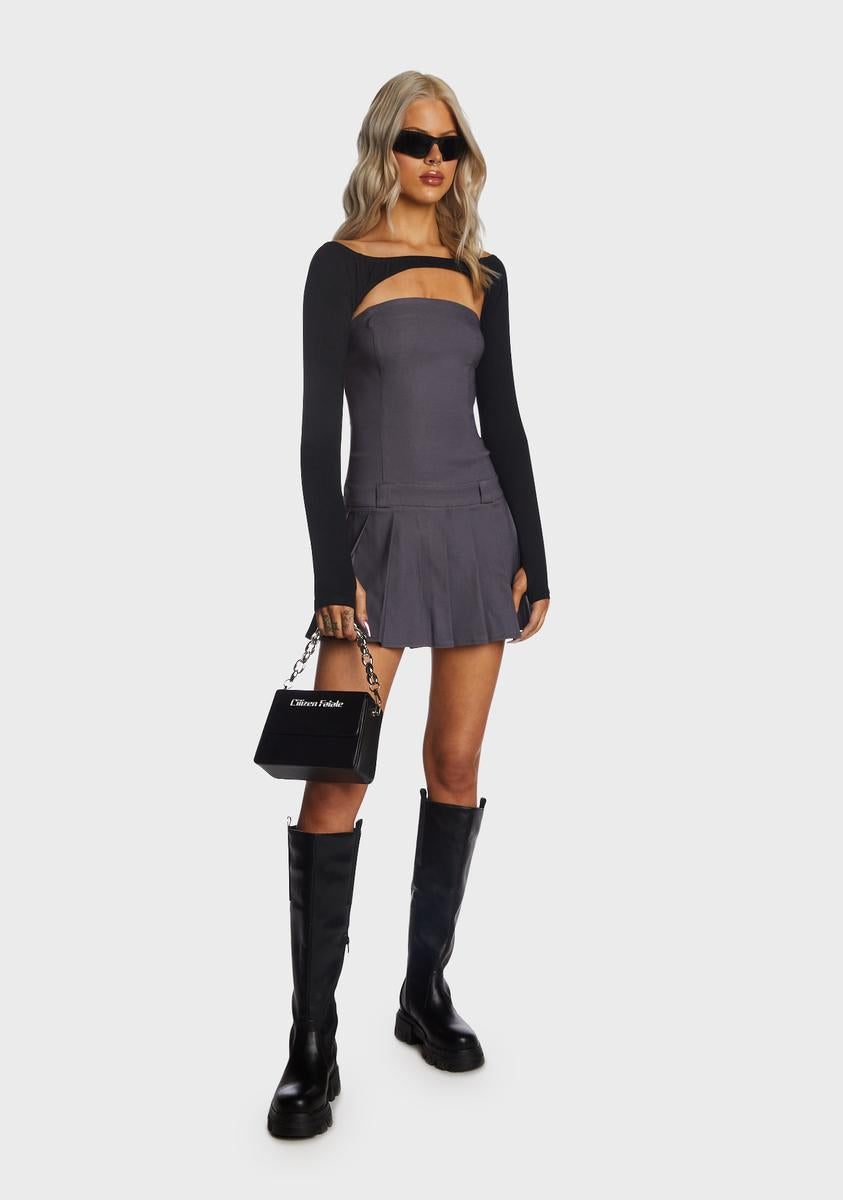 motel pleated dress Women's Payoda Bandeau Mini Dress in Dark Grey, XL , Pleated , Zip Up grey