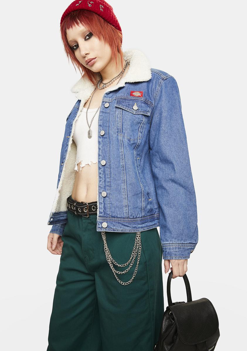 Dickies Girl Faux Sherpa Lined Denim Jean Jacket Blue Dolls Kill