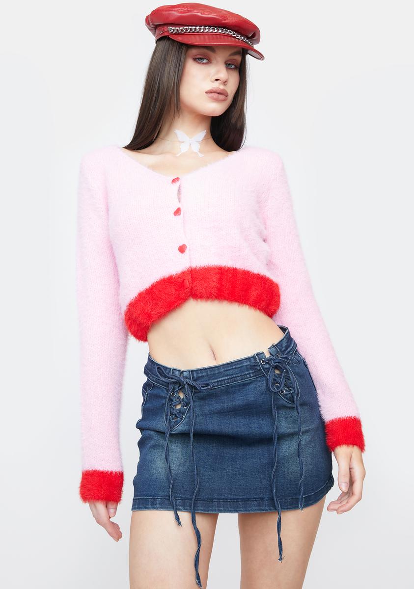 Fuzzy Contrast Trim Cropped Heart Button Cardigan Pink – Dolls Kill