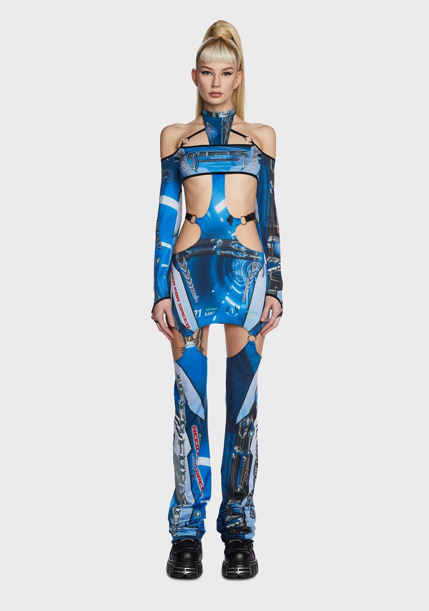 Namilia x NFS Racing Print Cut Out Long Sleeve Dress - Blue – Dolls Kill