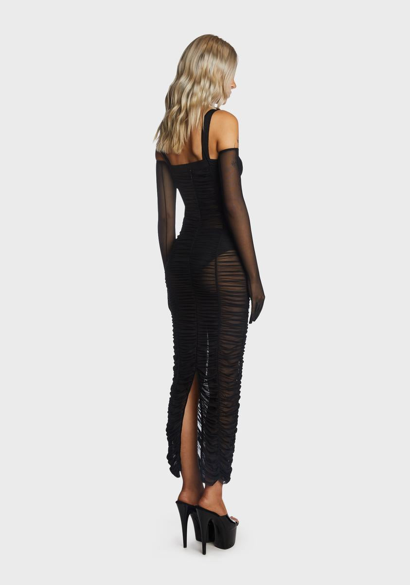 Kiki Riki Sheer Tulle Ruched Maxi Dress With Gloves
