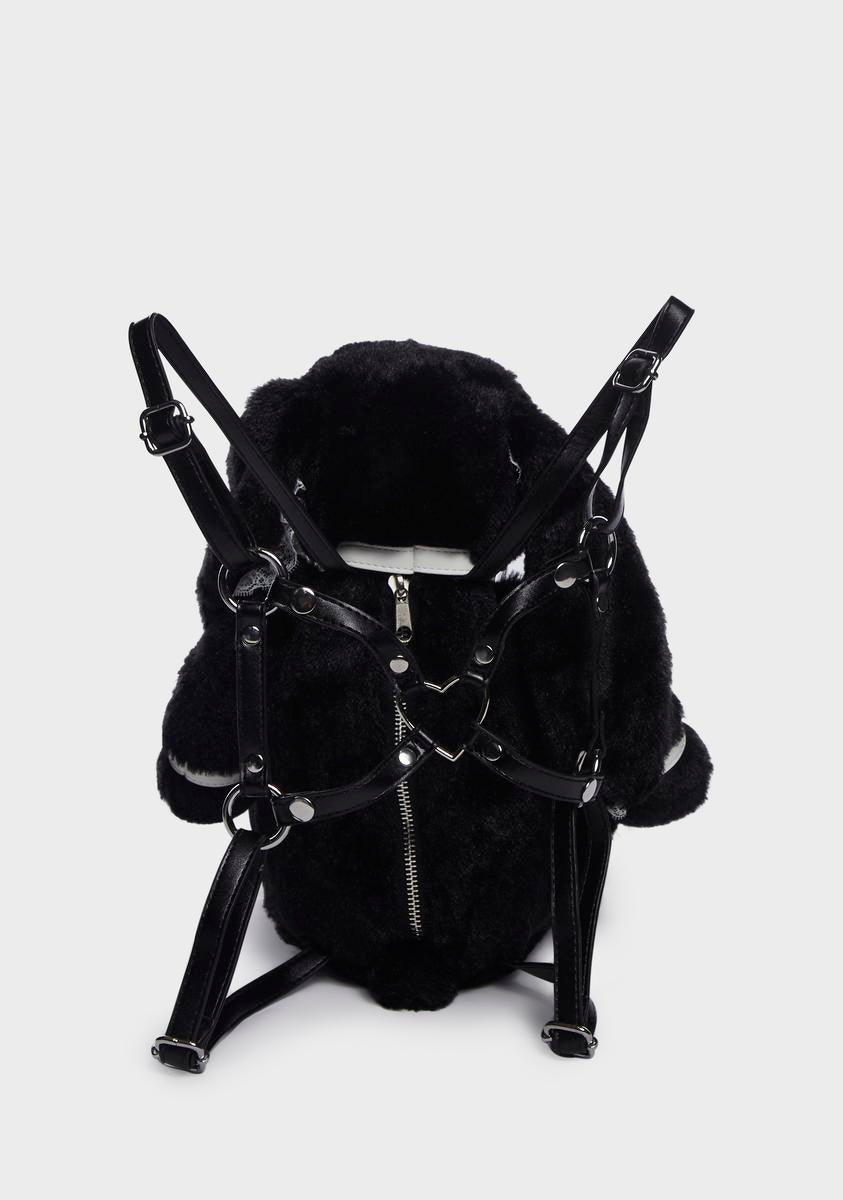 Black Vinyl Vegan Leather Fuzzy Faux Fur Bunny Mini Backpack